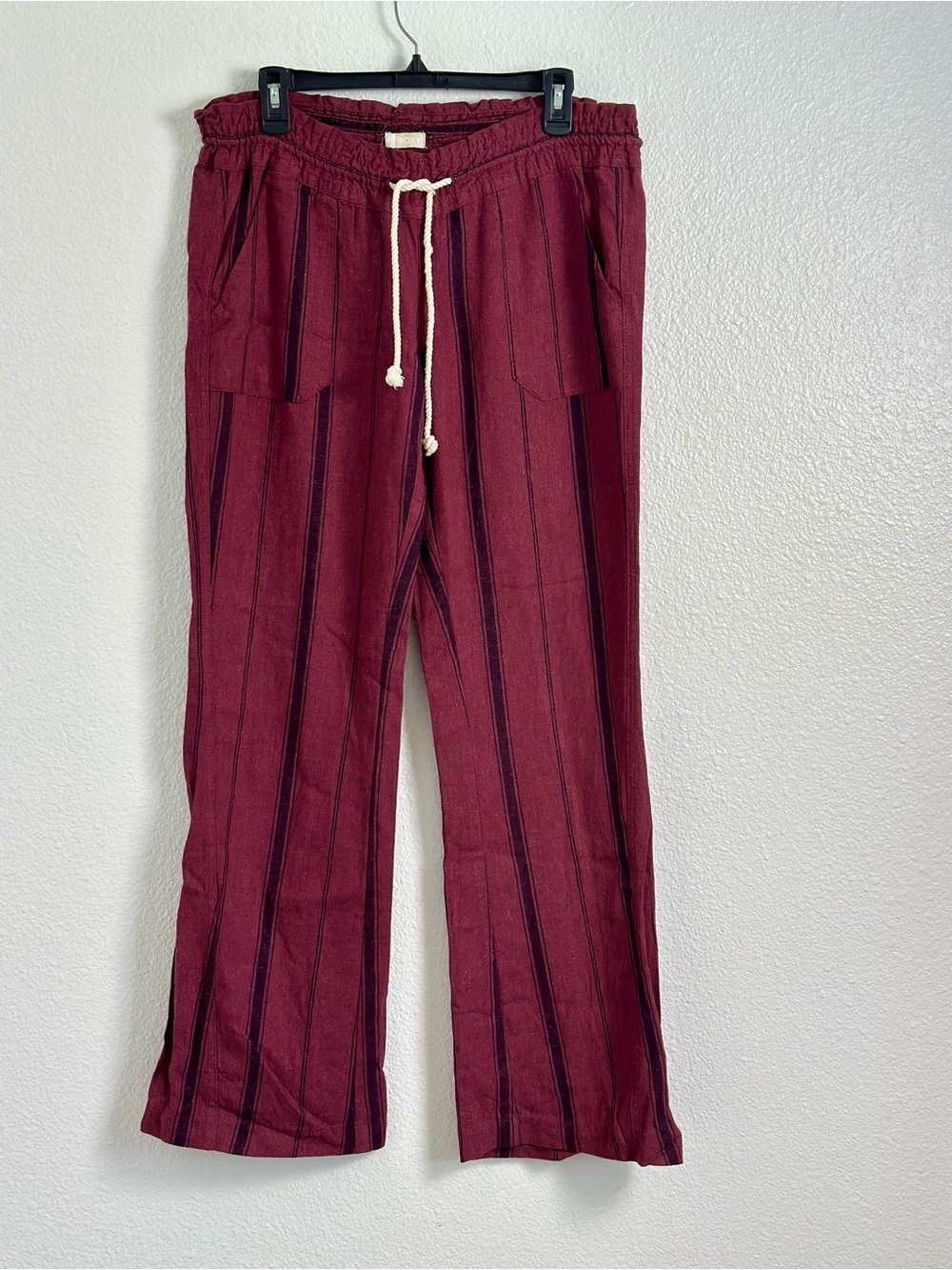 Roxy Oceanside Linen Blend Beach Pants in Burgundy Stripes Size Medium